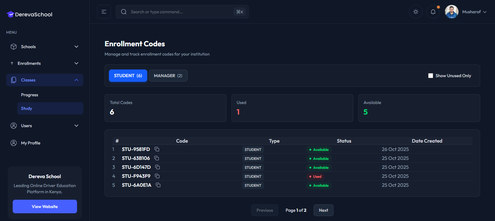 Hero Section Image - Screenshot of Dereva School Dashboard